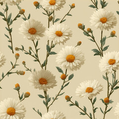 Fototapeta premium Daisy flower pattern with cream petals and orange centers on beige background, featuring green leaves and buds in seamless repeat design, evoking soft cottagecore aesthetic