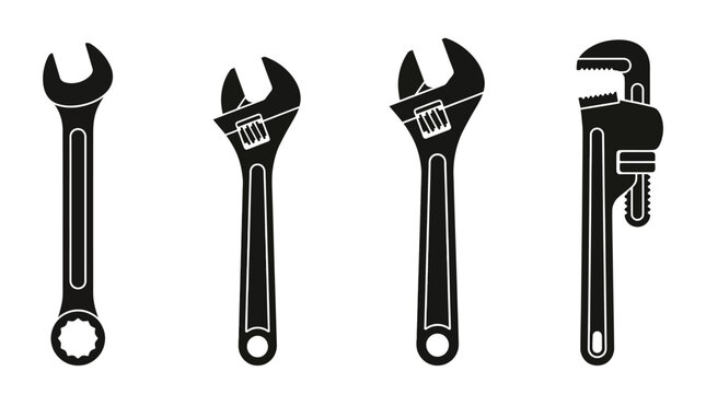 Wrench collection vector silhouettes including open-end, adjustable, and pipe wrench designs for repair, construction, mechanic service, workshop, DIY projects, industrial equipment illustration