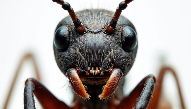 Macro extreme shot of an ant head shows its complex facial structure and large compound eyes. Tiny jaws and antennae are visible. Creature detailed anatomy is clear.