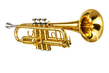 Obraz premium Golden brass trumpet isolated on white background, professional wind instrument for jazz and classical music, shiny metallic trumpet with valves