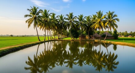 Fototapeta premium A serene landscape featuring a row of tall palm trees reflecting in a calm rural village pond area.