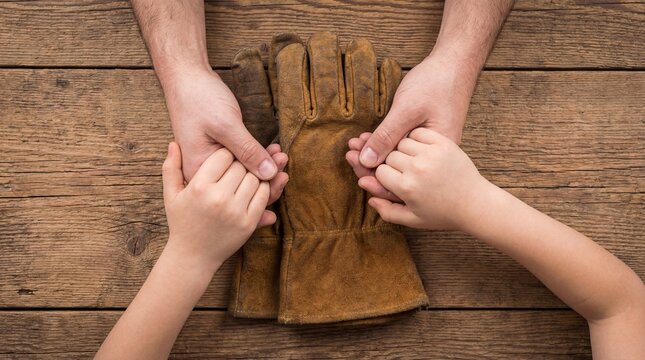 Overhead Shot of Adult and Child Hands Holding Over Heavy-Duty Leather Work Gloves