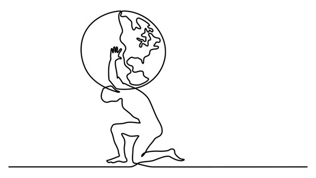 Man holding earth continuous one line drawing. Single line art illustration of man carry up the earth ball. Continuous one line drawing of young man holding Earth globe. Editable vector