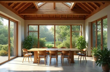 Fototapeta premium Bright modern orangery room with wooden beams and large windows overlooking green garden. Dining table with chairs for meal. Plants add natural vibe. Peaceful atmosphere for relaxation.