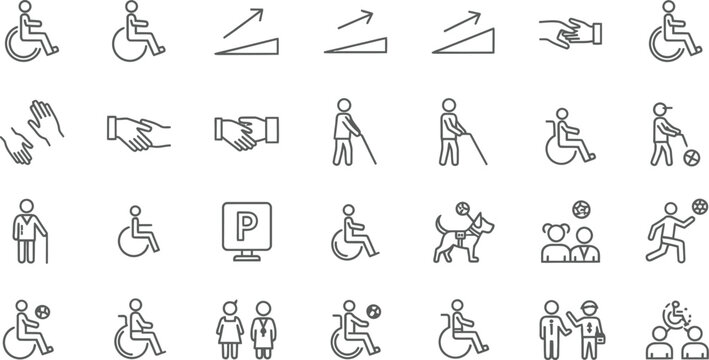 Accessibility and Disability Line Icons Set &ndash; Wheelchair Users, Inclusive Support and Handicap Symbols Vector Collection


