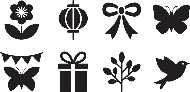 A charming collection of simple black silhouette icons featuring flowers, lanterns, bows, and butterflies