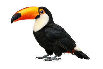 Fototapeta premium Toco toucan bird isolated on white background, exotic tropical toucan with large orange beak, colorful amazon rainforest wildlife photography