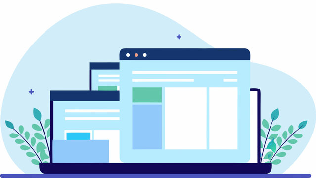 A vector graphic illustration of a laptop with multiple browser windows open