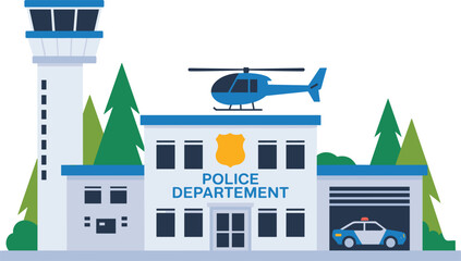Police department building with helicopter and patrol car representing law enforcement and public safety © Masud