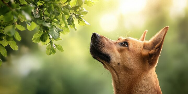 A brown dog attentively looking up at green leaves on a tree branch in a sunlit natural setting.
