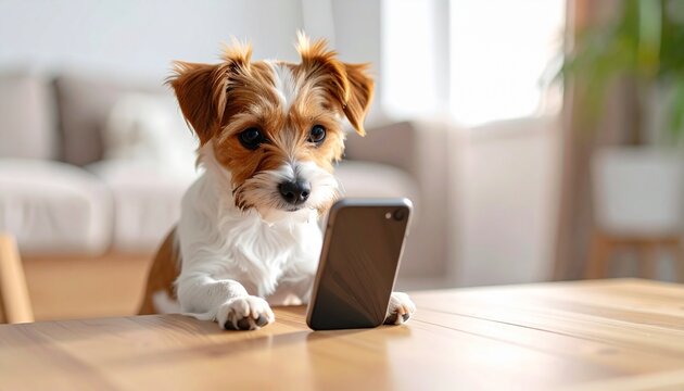 Small dog using smartphone on wooden table in bright home
