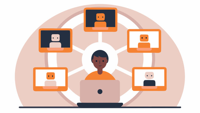 A diverse person using a laptop with multiple screens for online communication