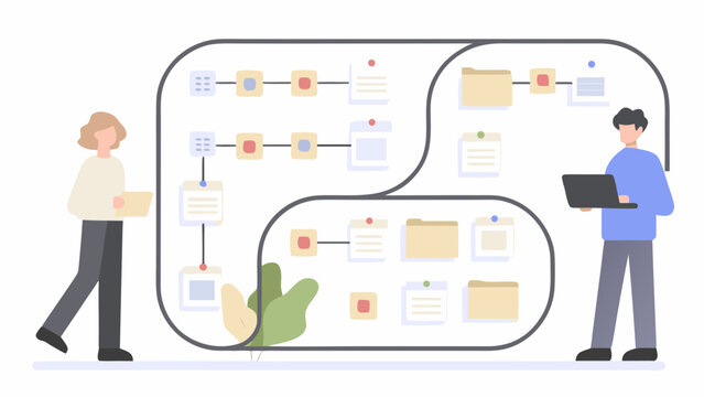 A vector graphic illustration of two people working with a flowchart