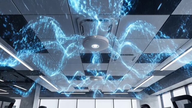 Modern Ceiling Wireless Access Point Emitting Digital Signal Waves