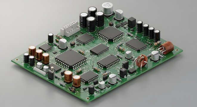 Electronic Circuit Board with Microchips and Capacitors