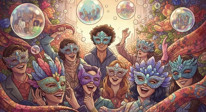 People wearing colorful masks partying together.