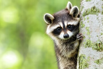 Obraz premium A curious raccoon peeks from behind a tree trunk in a lush green forest setting.