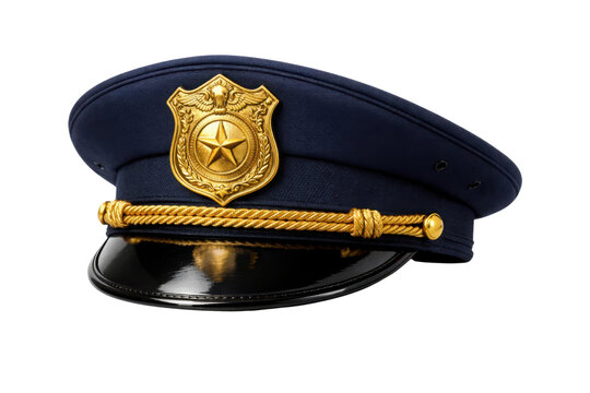 Police officer hat with gold badge and star, navy blue law enforcement uniform cap, security guard headwear with golden cord and black visor