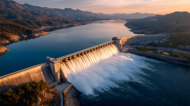 Aerial View of Hydroelectric Dam Releasing Water into Reservoir