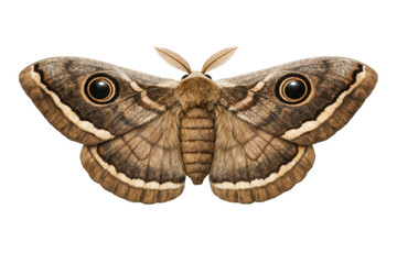 Fototapeta premium Large emperor moth with detailed eyespots on wings, brown saturniidae silk moth isolated on white, vintage style entomology specimen