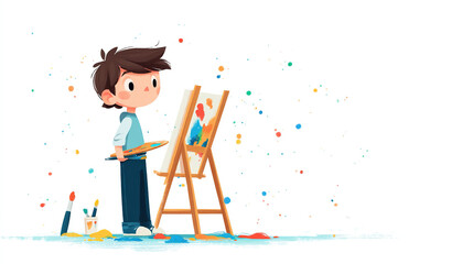 Fototapeta premium Cute cartoon boy painting on a canvas isolated on white background