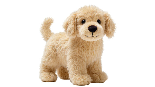 Fluffy golden retriever puppy plush toy with soft fur floppy ears and a sweet smile, isolated on transparent background for children s designs
