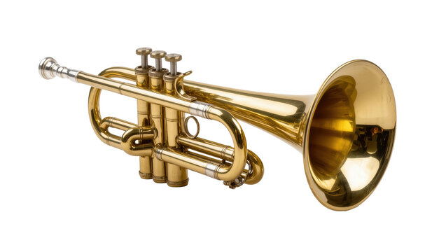 Shiny golden brass trumpet with valves and bell, perfectly detailed and isolated on transparent background for musical design elements