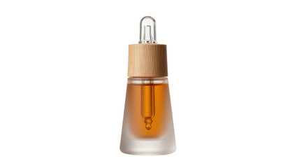 Obraz premium Frosted amber glass dropper bottle with light wood cap and golden liquid inside, isolated on transparent background for cosmetic product displays