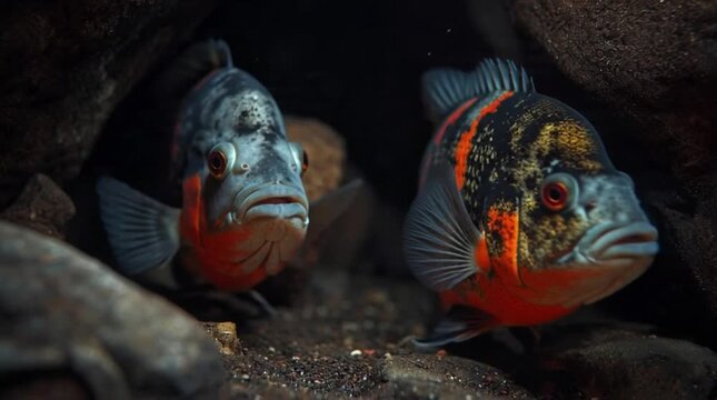 Two Oscar Fish Swimming in a Dark Underwater Amazon Rocky Environment