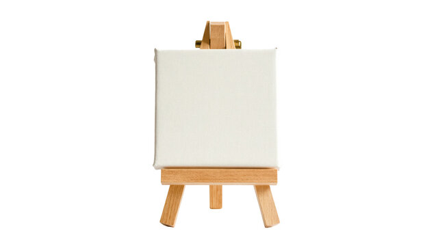 Small square blank canvas stretched taut over a light wood easel, isolated on transparent background for creative design projects and art lessons