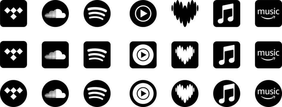 Popular music streaming servise company logo set. apple music, deezer, youtube music, spotify black and white