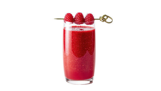 Vibrant crimson raspberry smoothie in tall clear glass garnished with fresh red raspberries on a golden cocktail pick, isolated on transparent background for beverage ads
