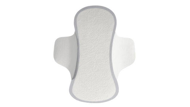 Soft absorbent sanitary pad with gray borders and textured surface, isolated on transparent background for feminine hygiene product advertising
