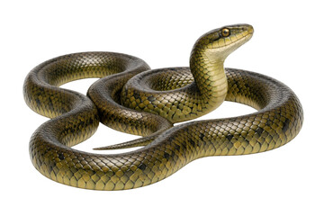 Fototapeta premium Olive green snake with detailed scales on white background, coiled wild serpent reptile, non-venomous colubrid snake studio portrait
