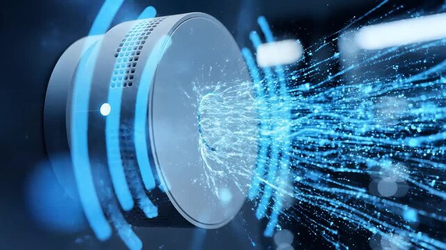 High tech wirelees access point emitting glowing blue signal waves