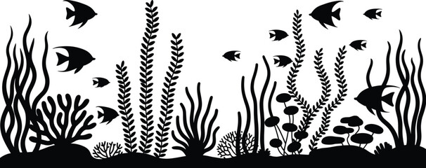 "Underwater silhouette illustration, coral reef plants, seaweed, tropical fish, marine ecosystem, aquatic biodiversity, ocean life, aquarium design, nature" © meftahul creatives