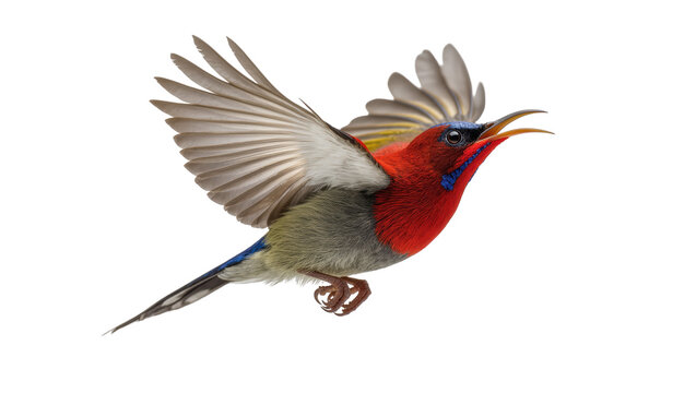 Vibrant sunbird with bright red breast and yellow beak actively flying with outstretched wings, isolated on transparent background for nature designs