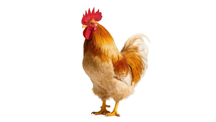 Majestic golden brown rooster with vibrant red comb and wattle, proudly standing isolated on transparent background for farm animal designs © Bogdan