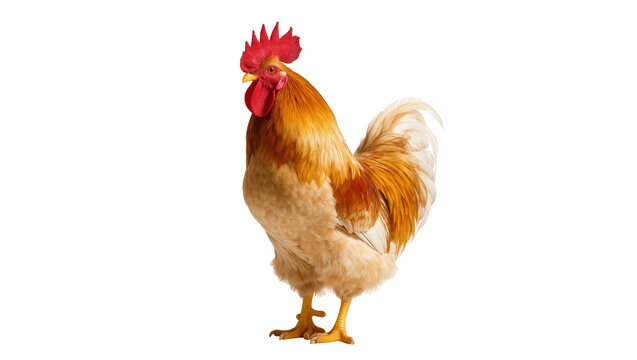 Majestic golden brown rooster with vibrant red comb and wattle, proudly standing isolated on transparent background for farm animal designs