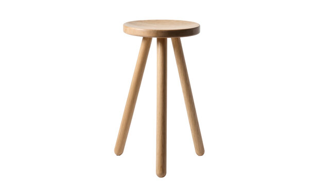 Simple round wooden stool with three tapered legs crafted from light-toned wood, isolated on transparent background for interior design projects