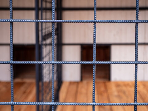 Close-up of steel wire mesh in dog kennel with blurred interior showing partition and wooden dog houses, highlighting durable construction and enclosure design.