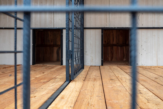 View through metal mesh into modern dog kennel with partition and wooden dog houses, showing secure enclosure design and controlled animal housing space.