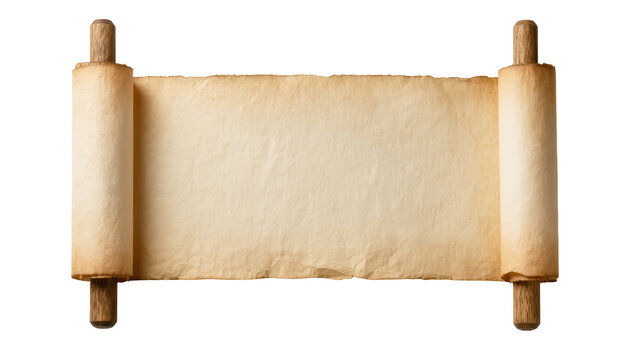 Antique parchment scroll with aged edges and wooden dowels, isolated on transparent background for medieval document designs and historical themes