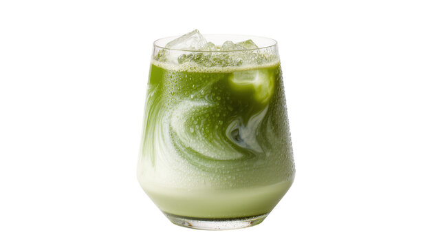 Swirling green matcha latte with ice cubes in a clear glass, beautifully isolated on transparent background for beverage advertising and menus