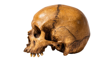 Antique human skull with visible sutures and teeth displaying aged bone texture, isolated on transparent background for anatomical studies © Bogdan