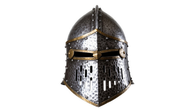Medieval knight s helmet with riveted steel surface and golden trim, isolated on transparent background for historical designs and fantasy artwork