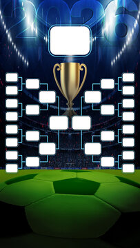 Soccer tournament bracket template with stadium background. An imaginary soccer stadium is modelled and rendered.