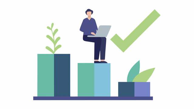 A man sitting on a bar graph with a laptop and a green checkmark
