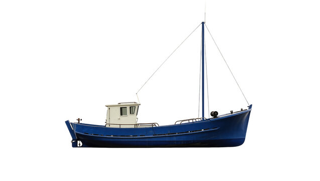 Classic blue fishing boat with a small cabin single mast and white rigging, isolated on transparent background for nautical designs