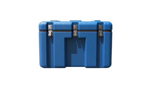 Blue plastic storage container with silver metal latches and recessed paneling, isolated on transparent background for product mockups and promotional displays